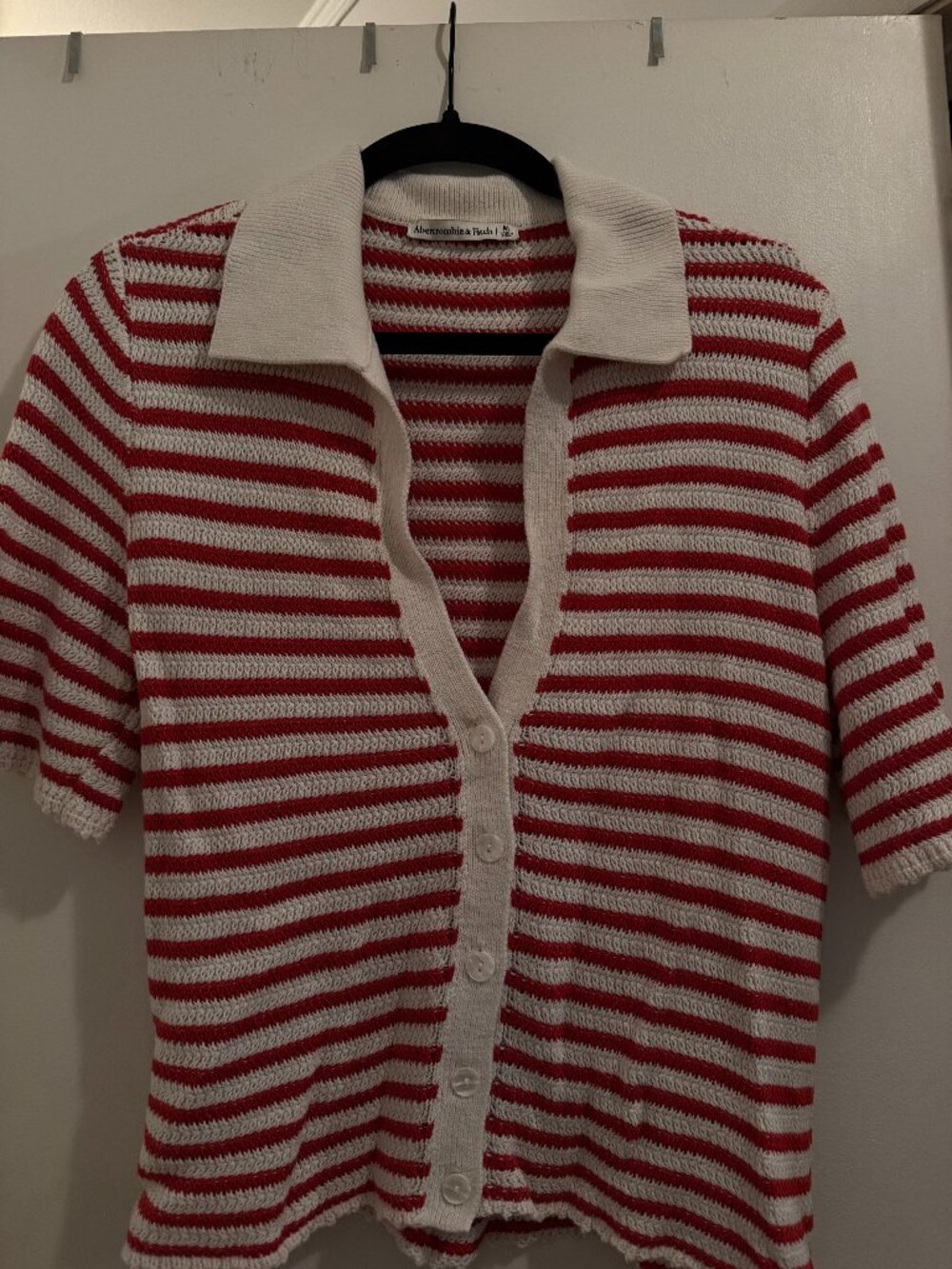 Women's Abercrombie Red and Cream striped crochet short-sleeve polo Size M